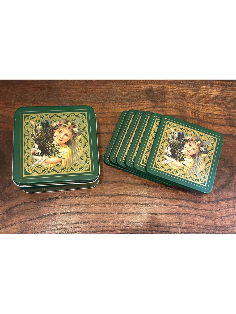 Vintage 1986 Enesco "Christmas Greetings" Angel Coaster Set of 6 w/ Matching Tin